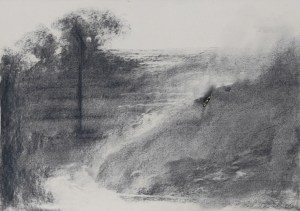 Omar Galliani 16 paesaggi per Giorgio, matita nera s carta e anello oro, 34.5x49 cm.