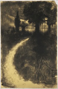 Omar Galliani. Sui tuoi passi, 1986, carboncino su carta intelata, cm 125x200